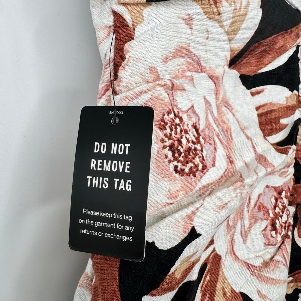 NWT Express Brown/Pink Floral Ruched Mini Dress Size XS Linen Blend Scoop Neck - Picture 11 of 13